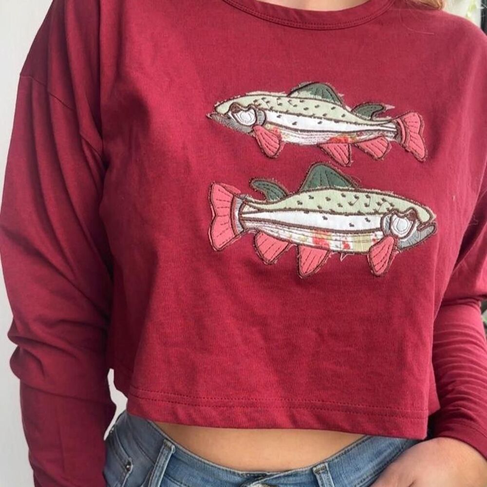 NWT burgundy 100% cotton patchwork fish embroidered long sleeve cropped tee